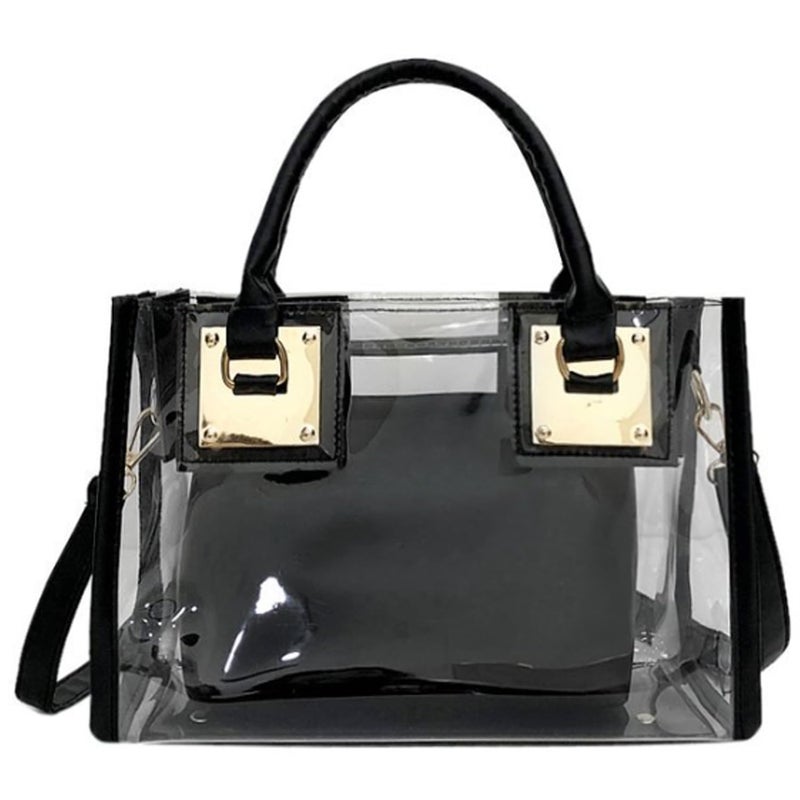 Rullar 2Pcs Clear Handbag Purse PVC Tote Shoulder Top-handle Bag Women Small Transparent Satchel Black - Image 5
